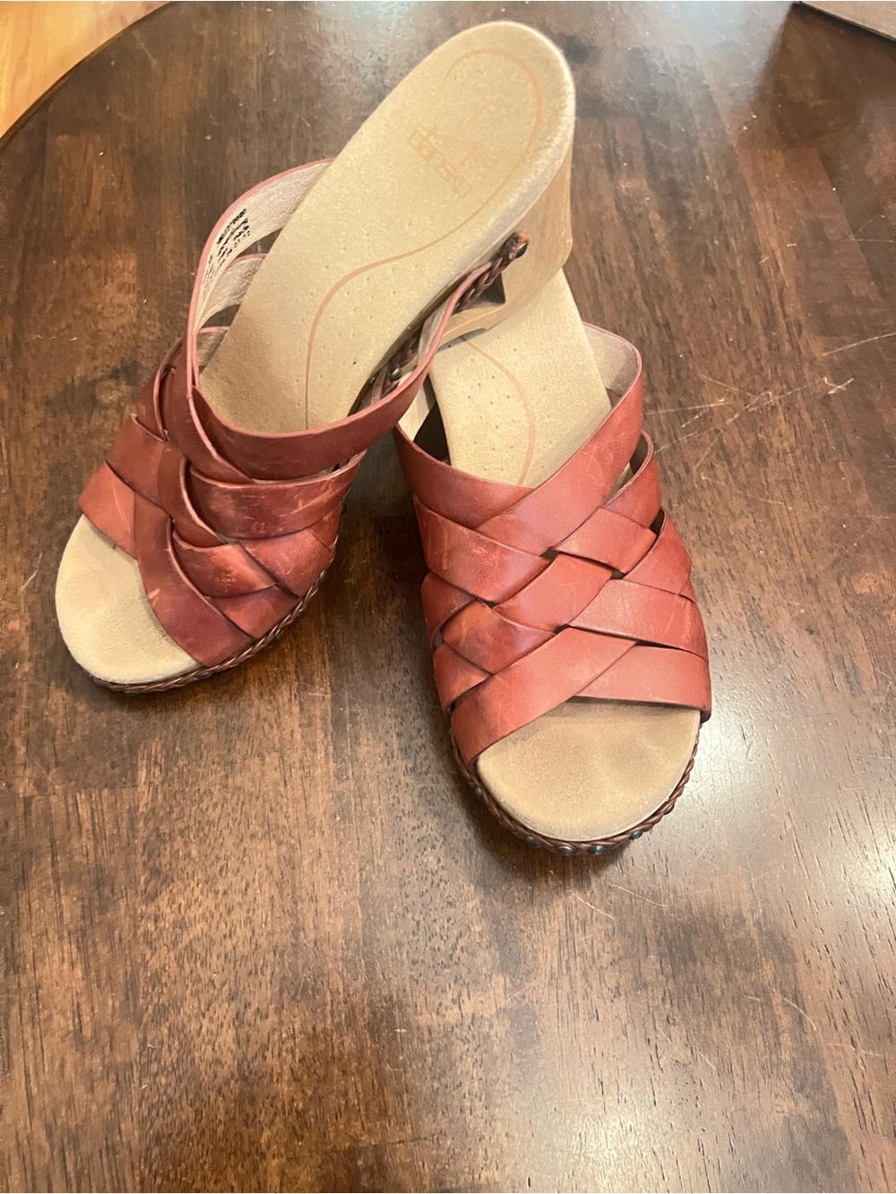 Dansko Tory Red Brown Woven Leather Wedge Slide Sandals